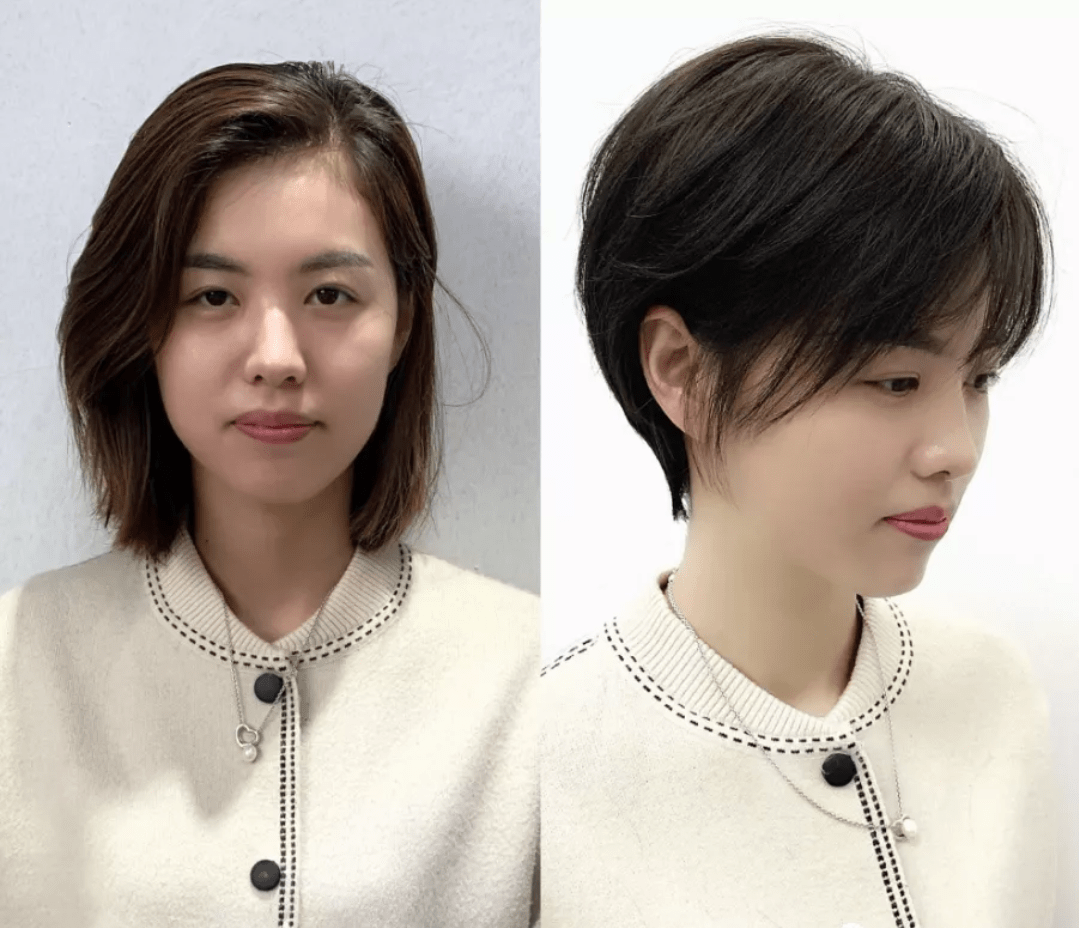 这位姐姐额头比较饱满,太阳穴有点偏凹,剪发前的发型露出整个五官