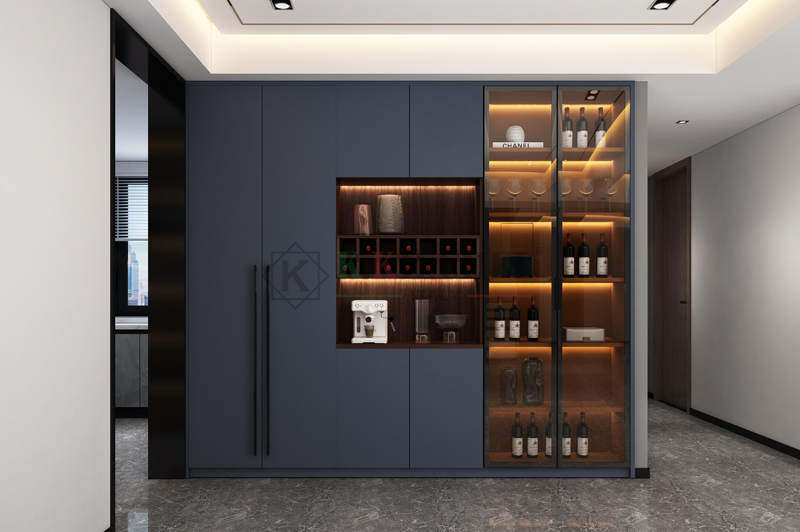 部分开放格与雪花白的定制门板相互结合,再适当增添一点茶玻进行装饰