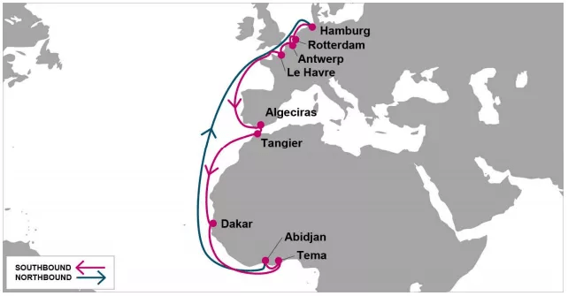 新產品的港口輪轉將是 漢堡-鹿特丹-安特衛普-勒阿弗爾-阿爾赫西拉斯