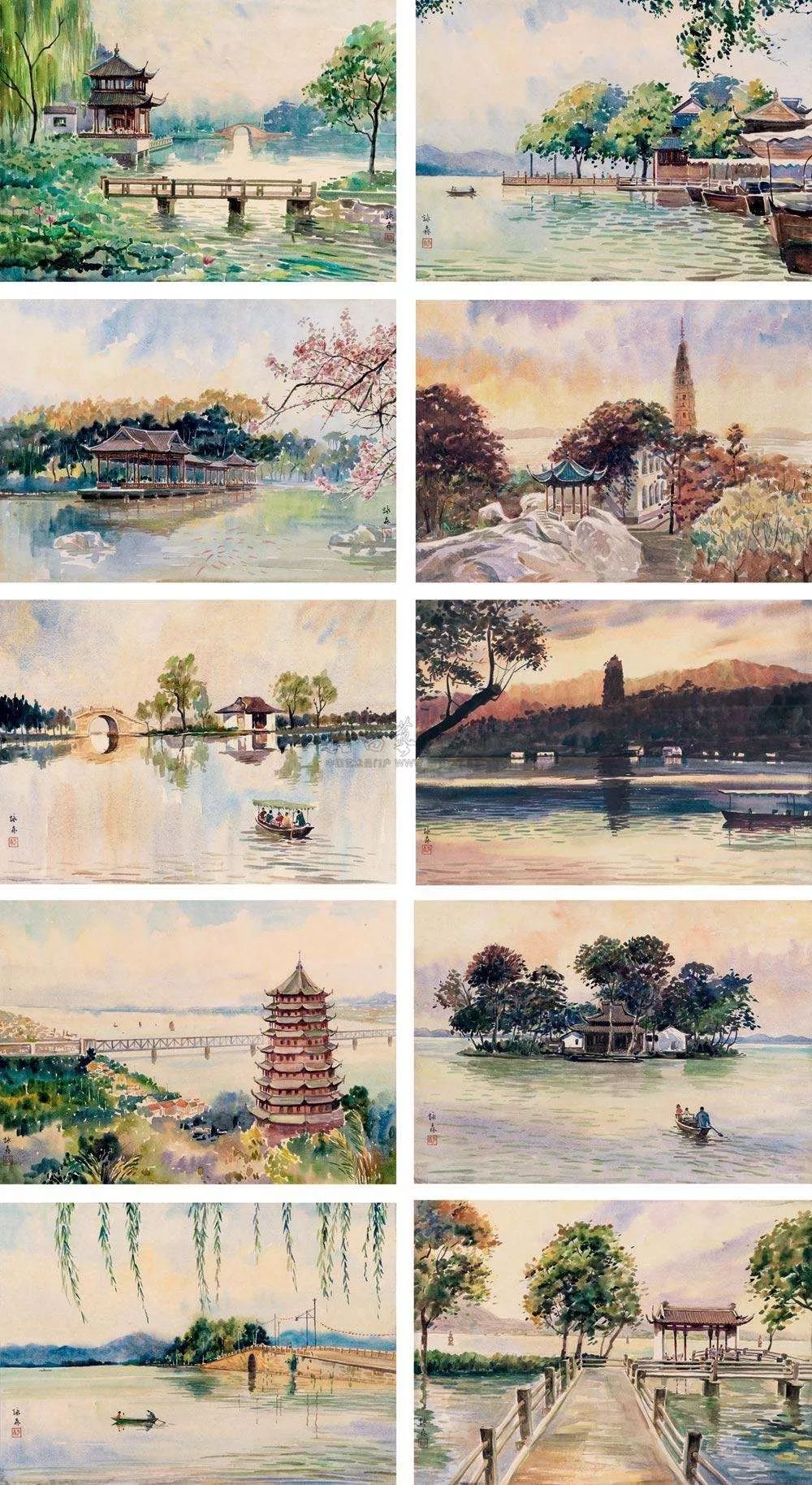 油画下五彩缤纷的西湖十景