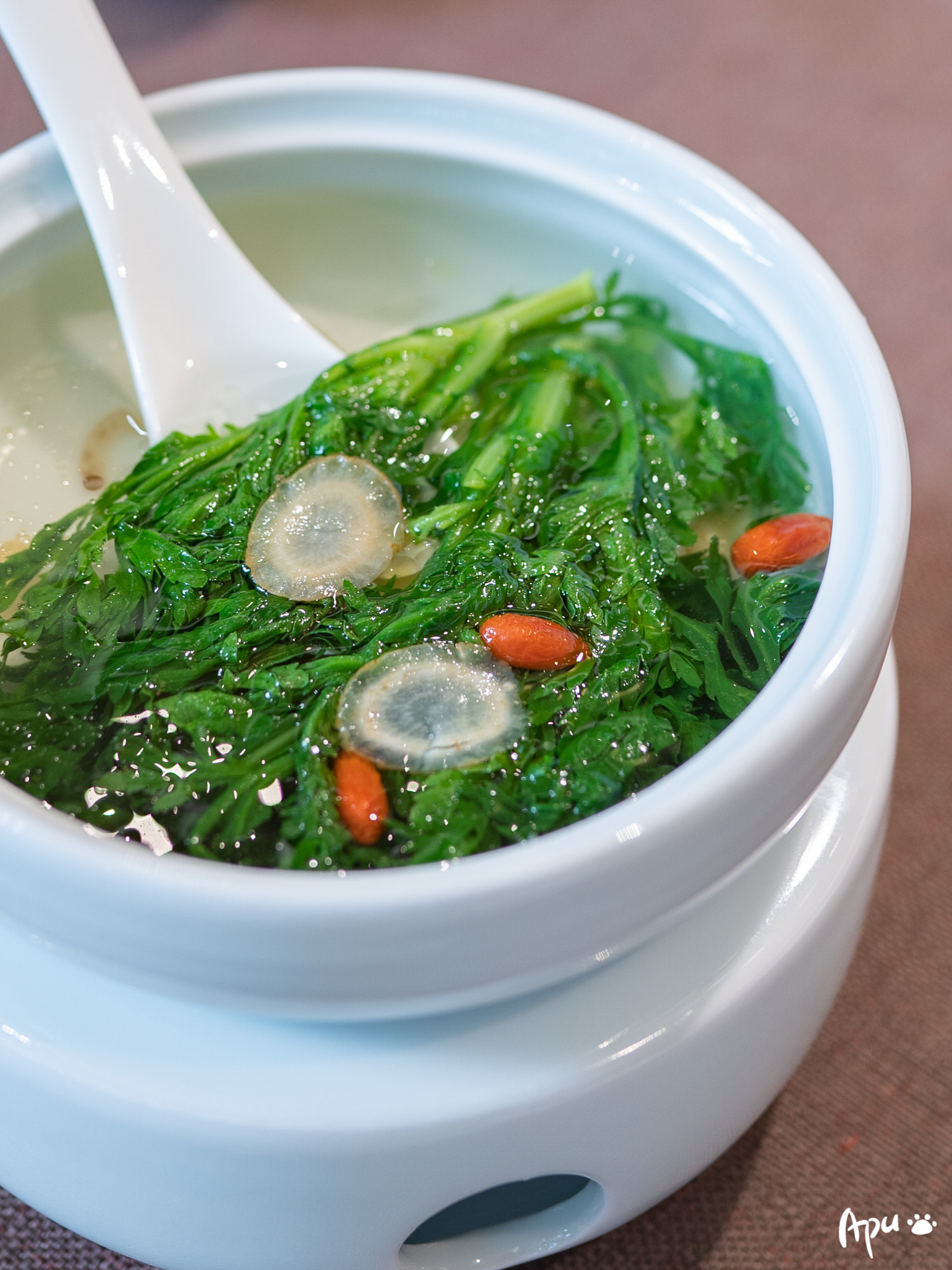 泉水参茶皇帝菜清淡而不寡味,一碗山泉水,参片,皇帝菜,枸杞,健康又