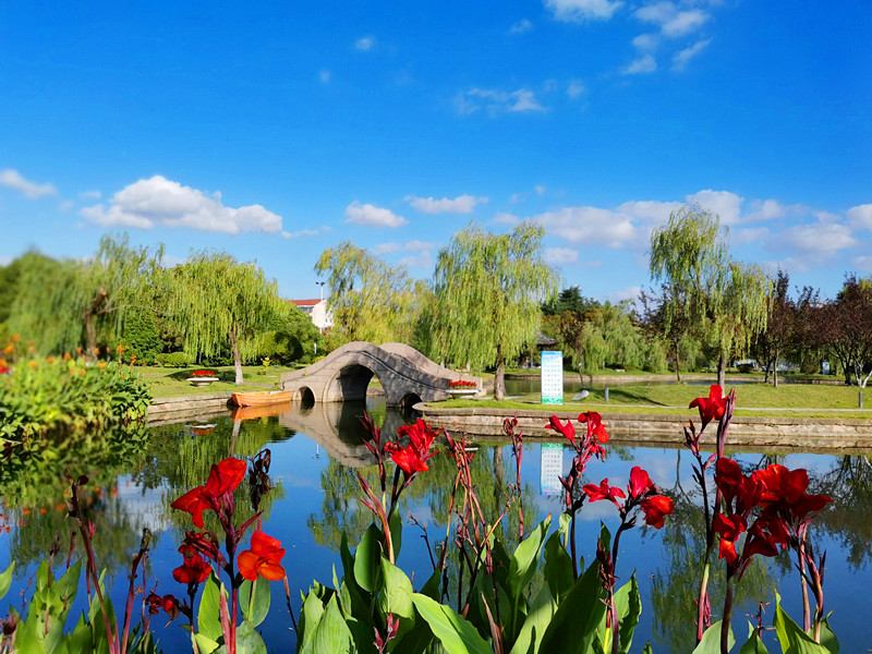 蓝天白云下的南通如东人民公园