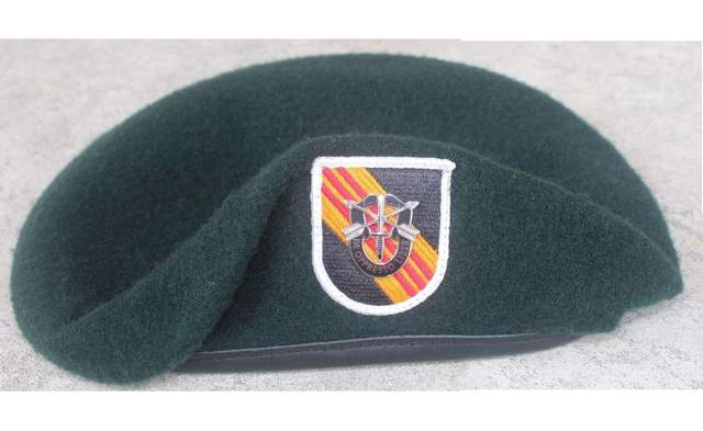 他的绿色贝雷帽帽徽是四色盾徽背景,上缀特种部队徽章