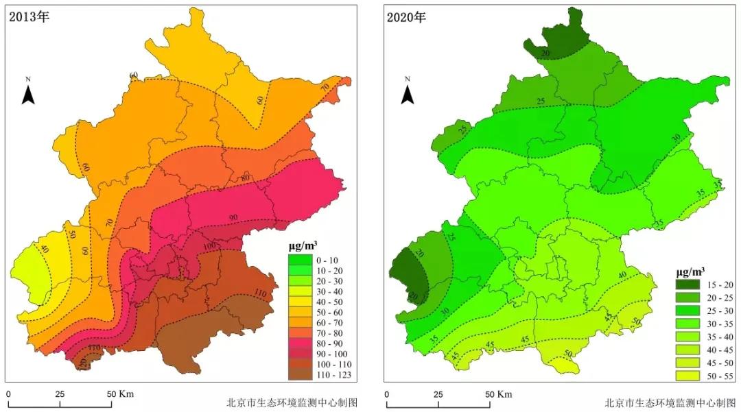 2013年,2020年北京市pm2.5濃度空間分佈