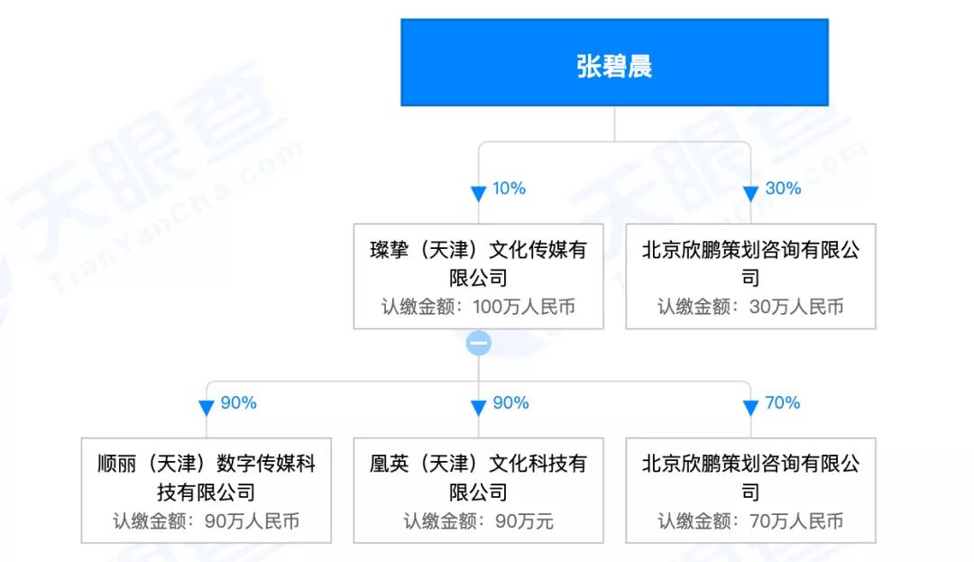 天眼查显示,张碧晨参股两家公司,分别是北京欣鹏策划咨询有限公司和璨