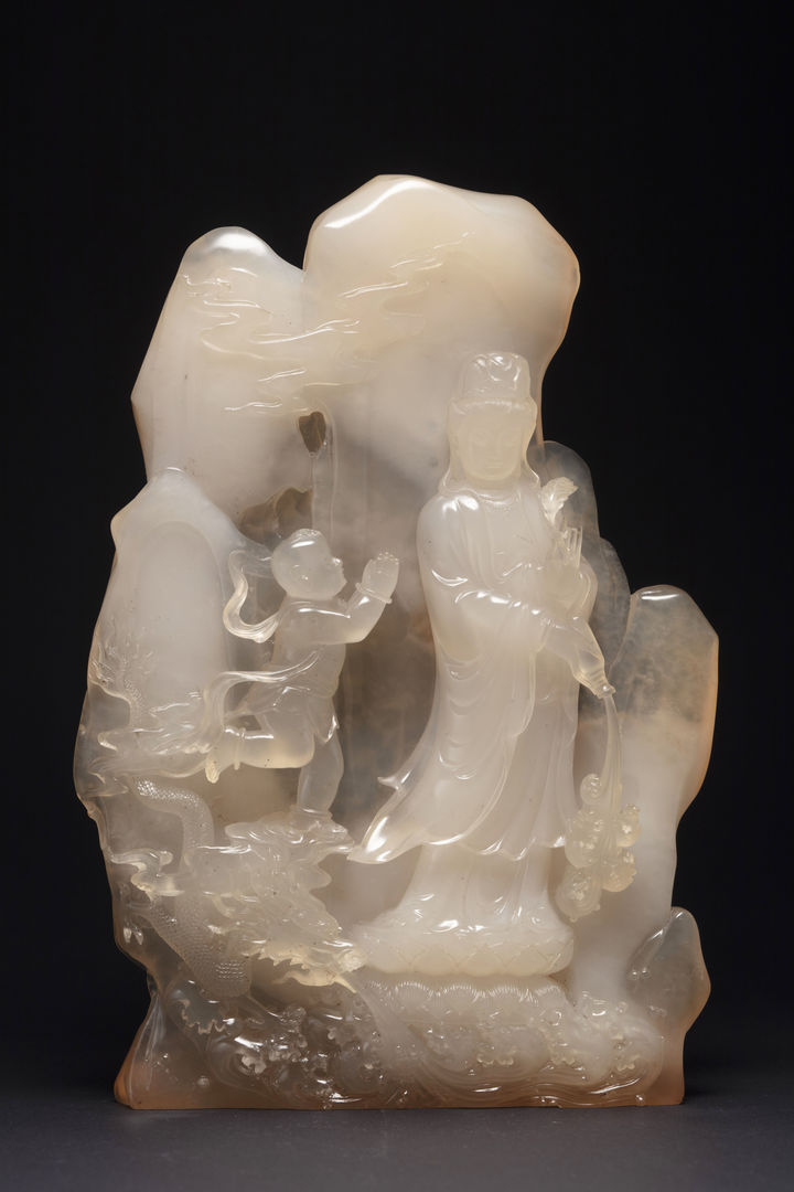 名称林志峰作 寿山坑头石雕童子拜观音像尺寸15×2.8×21.