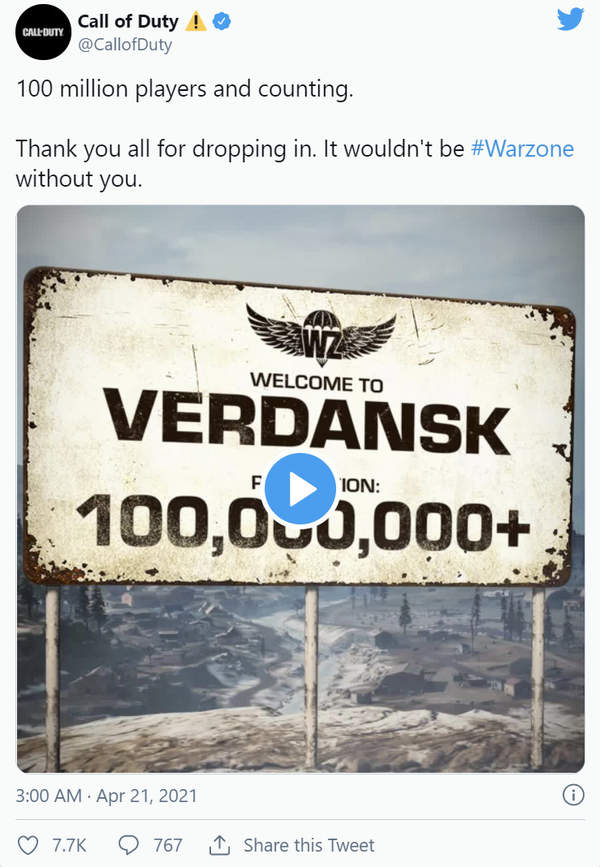 Warzone|《使命召唤：战区》官宣玩家总数破一亿 感谢长久支持