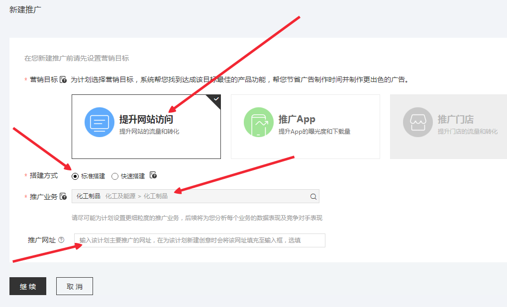 根据需要选择【提升网站访问】、【推广app】、【推广门店】中的任意一种