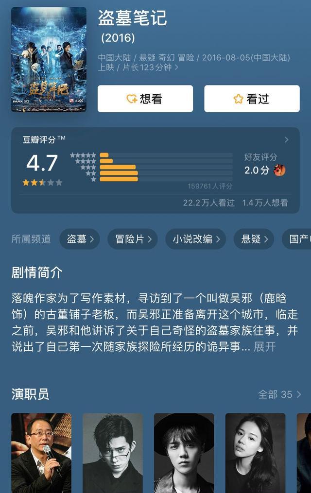 原创7部《盗墓笔记》影视剧豆瓣评分:朱一龙第一,鹿晗不是倒数第一