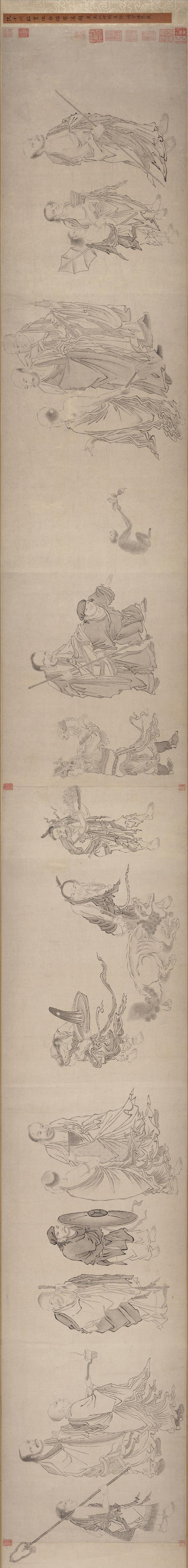 「海外馆藏」仇英《临贯休白描罗汉图》卷,构思新奇,意境幽僻_人物画