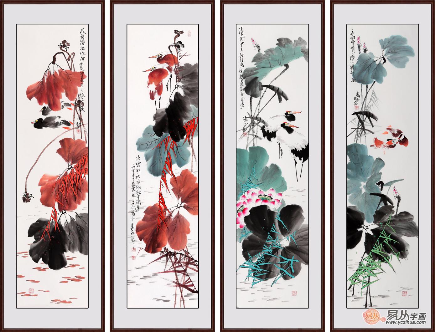 杨成功写意花鸟画《荷花四条屛》来源:易从网这幅画以荷花为主要意象