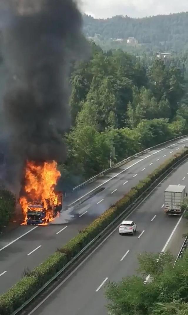 成巴高速上一货车自燃起火 现场火势凶猛 浓烟滚滚 车身只剩残骸