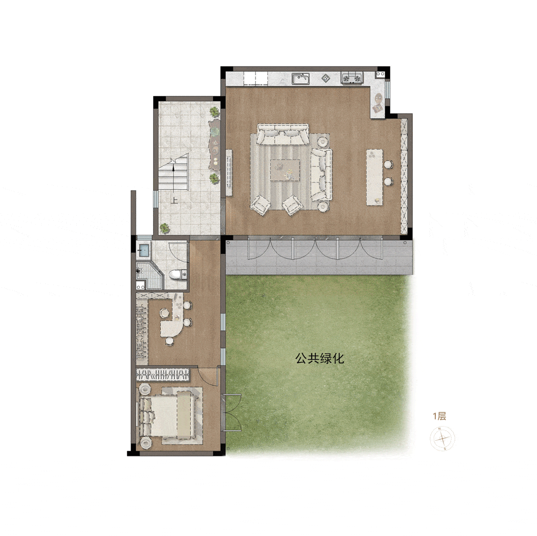 例如约200㎡双层新中式府邸,整个户型采用了景观面最大化的l型布局