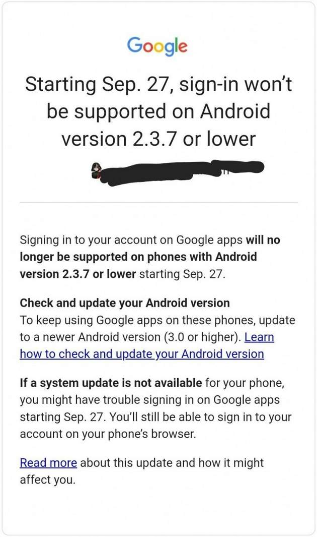 Google将不再允许用户用非常老的android版本登录其服务 账户