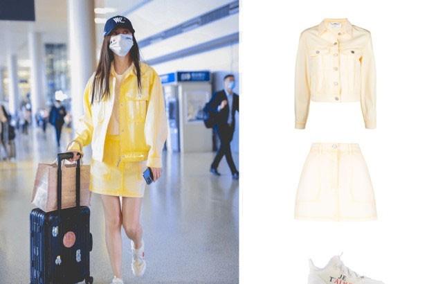 套装|Baby一家同框后独自走机场，穿柠檬黄秀苍蝇腿，心情好打扮似姑娘