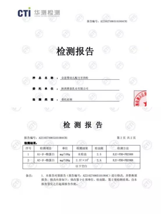 检测报告显示,朵恩婴幼儿配方羊奶粉含有天然a2-β酪蛋白,a2-β酪蛋白