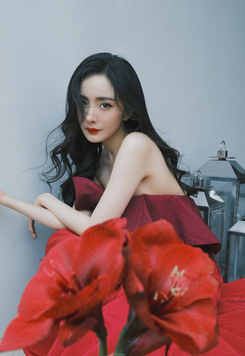 气息|杨幂新年写真红红火火，席地而坐裙摆大张，手持鲜花姿态娇媚