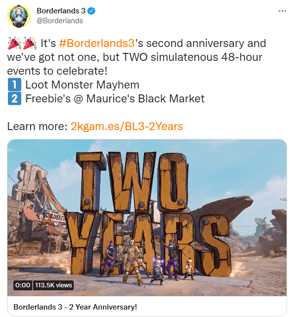 官方|《无主之地3》官推庆祝发售两周年 纪念活动事件上线