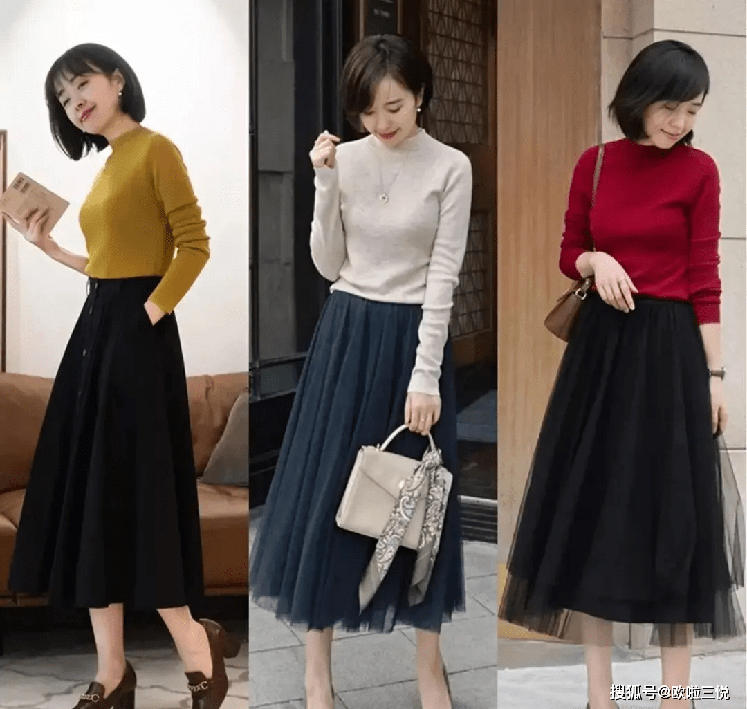 毛衣 40岁女生秋天穿搭：毛衣+半裙的搭配，简约雅致很有女人味