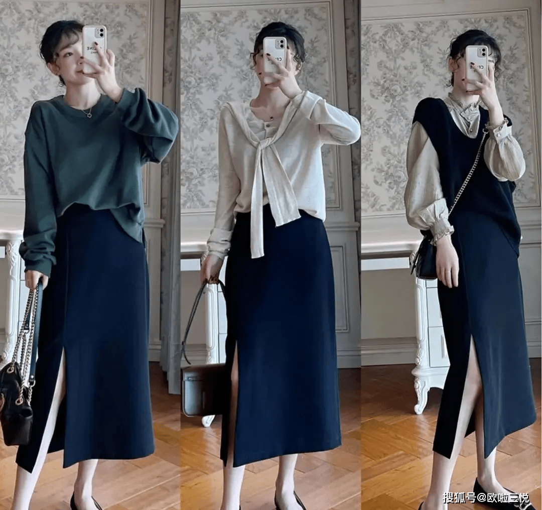 毛衣 40岁女生秋天穿搭：毛衣+半裙的搭配，简约雅致很有女人味