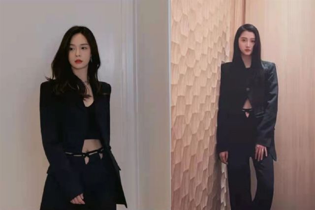 黑色 隔空比美!沈梦辰西服露脐装秀身材,与关晓彤撞衫气场不分伯仲