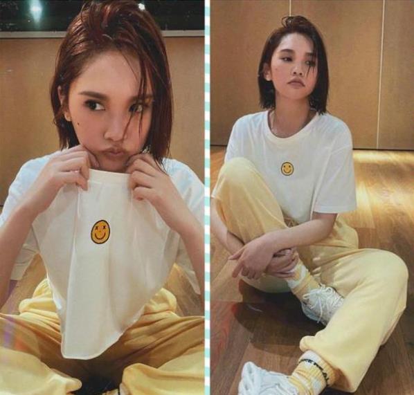 黑色 杨丞琳穿减龄休闲运动装,配一头褐色短发太少女了,不像已婚女人