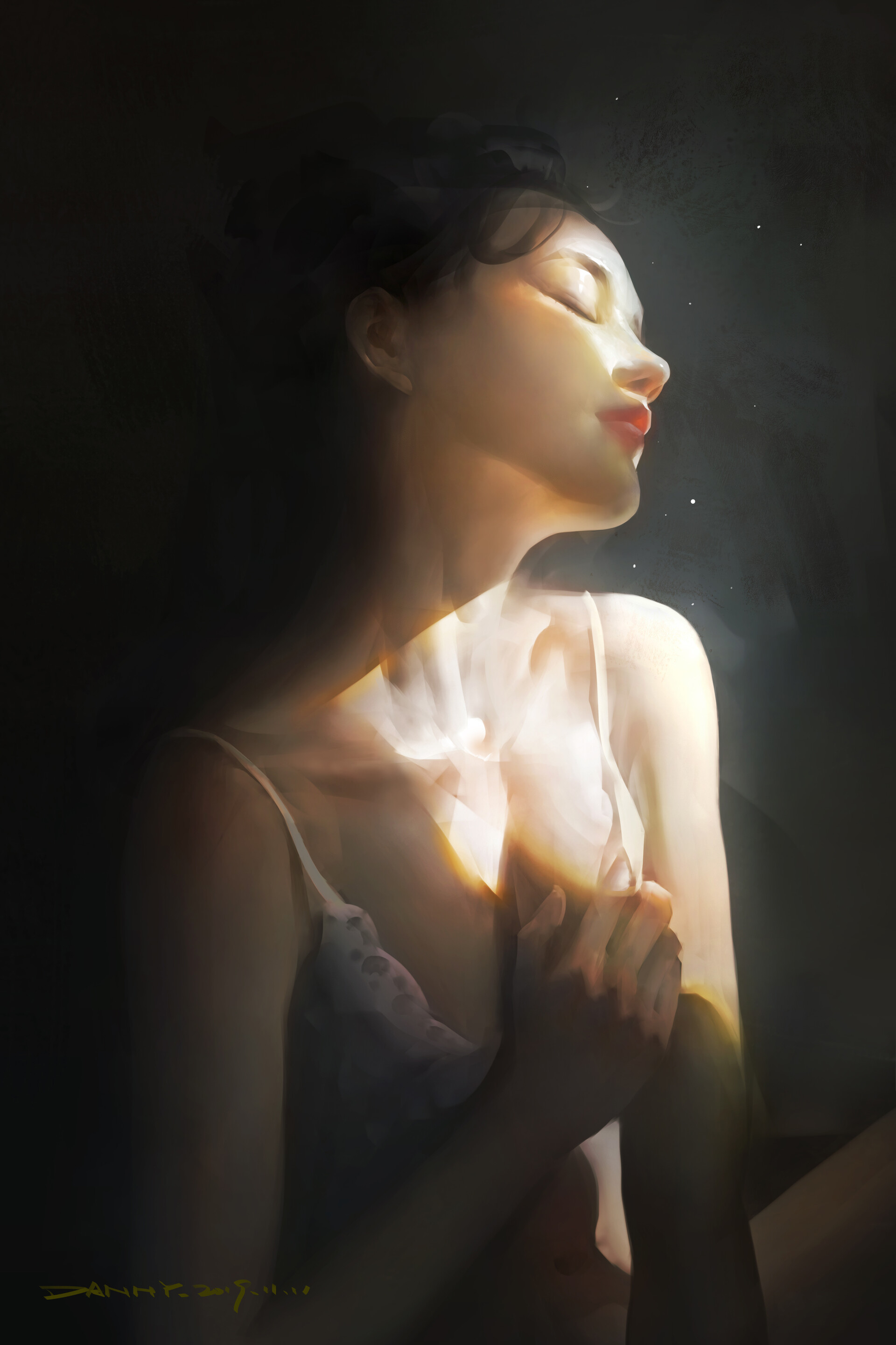 插画 高级油画质感插画作品，笔下的白衣少女太梦幻了