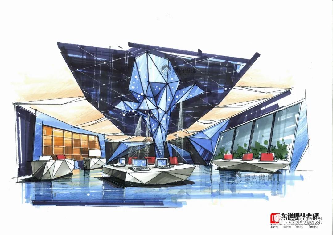 手绘教程67展厅空间马克笔上色步骤解析