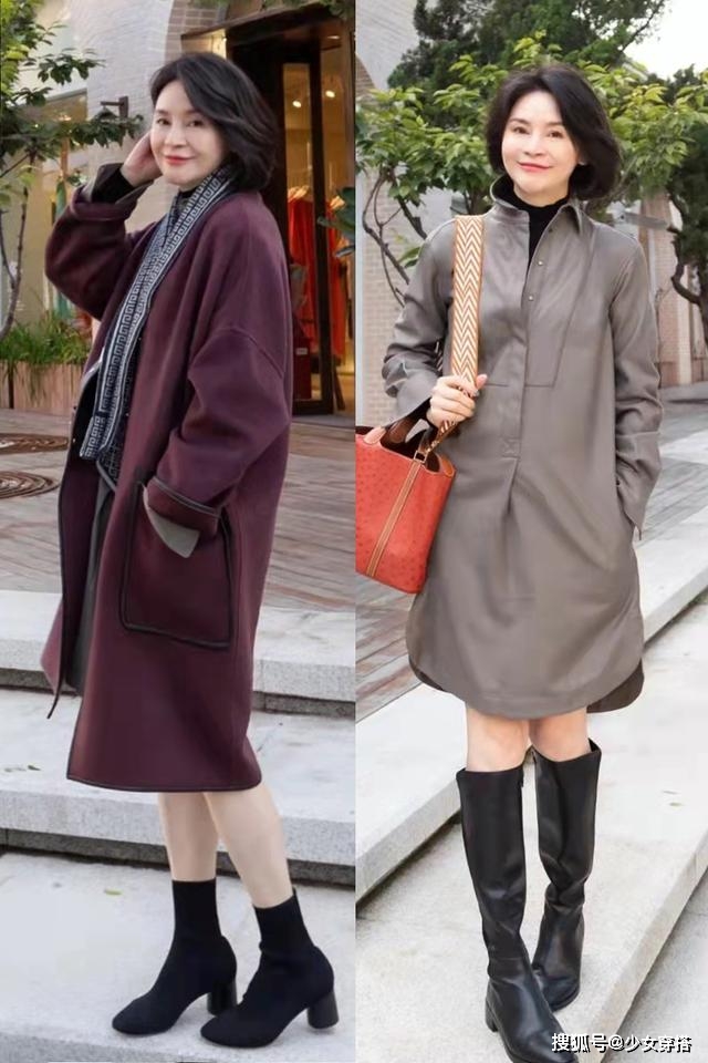 黑色 “大衣+长靴、羽绒服+短靴”才是60+岁女人的秋冬打扮！优雅舒适
