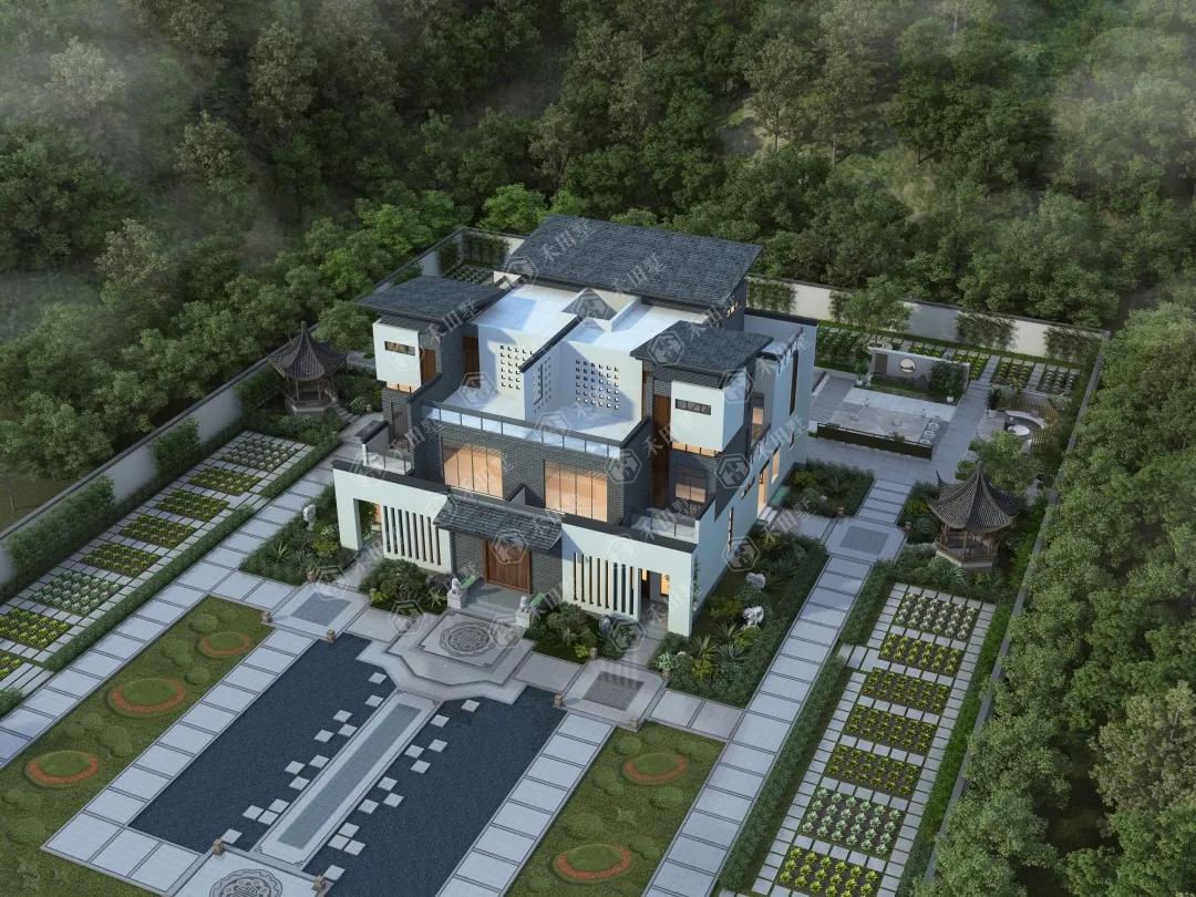 空间三段式形制,平直利落腰线,官帽式屋顶,连体式露台组合的过程穿插