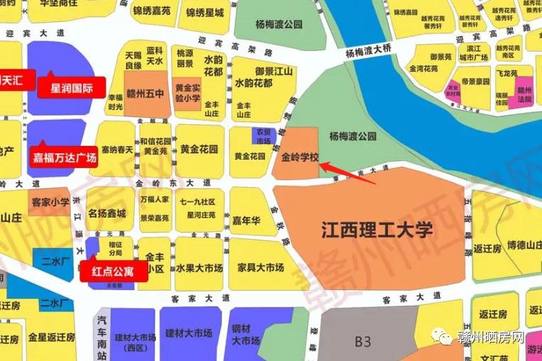 江西理工大學附屬金嶺學校位於楊梅渡公園西南側,佔地約85.