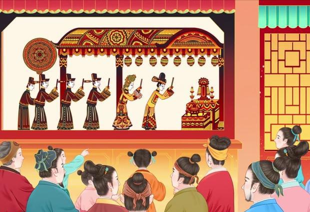 戟,画木刀剑,五色龙凤,五色旗帜,以教乐所伶工装将军,符使,判官,钟馗