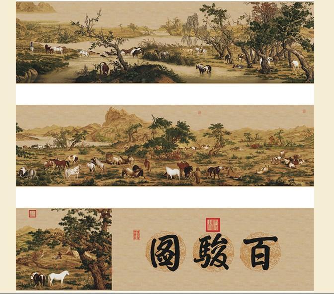 掛軸【百駿圖】百馬絵 清朝 朗世寧 美術品 長さ275cm 希少！