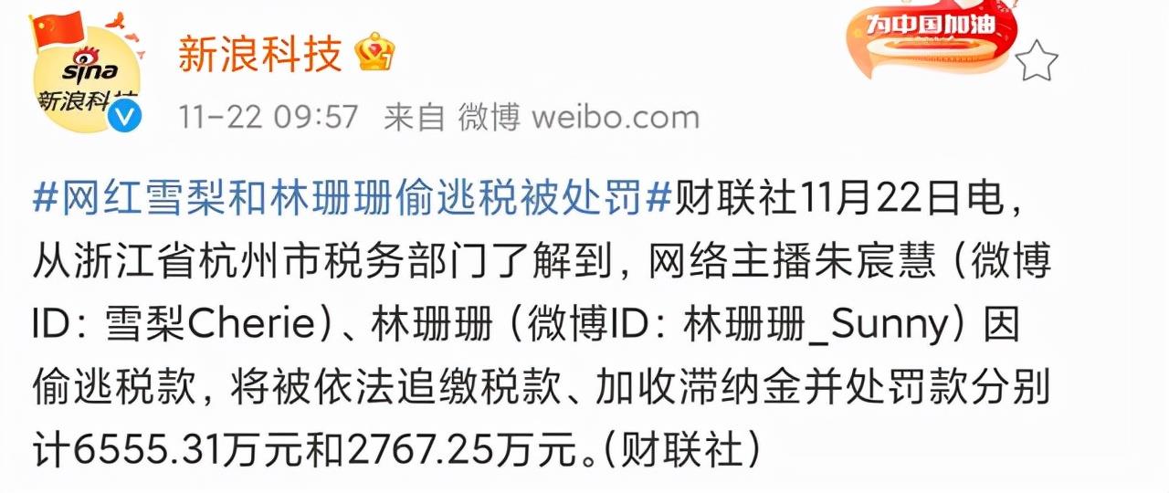 而她公司旗下的签约主播林珊珊也被爆偷税漏税2700余万元,曾经雪梨