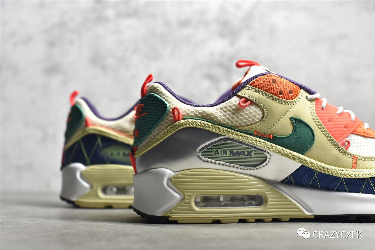 耐克nike air max 90 trai 彩色拼接奶酪黄气垫运动鞋_缝线_纹理_鞋带