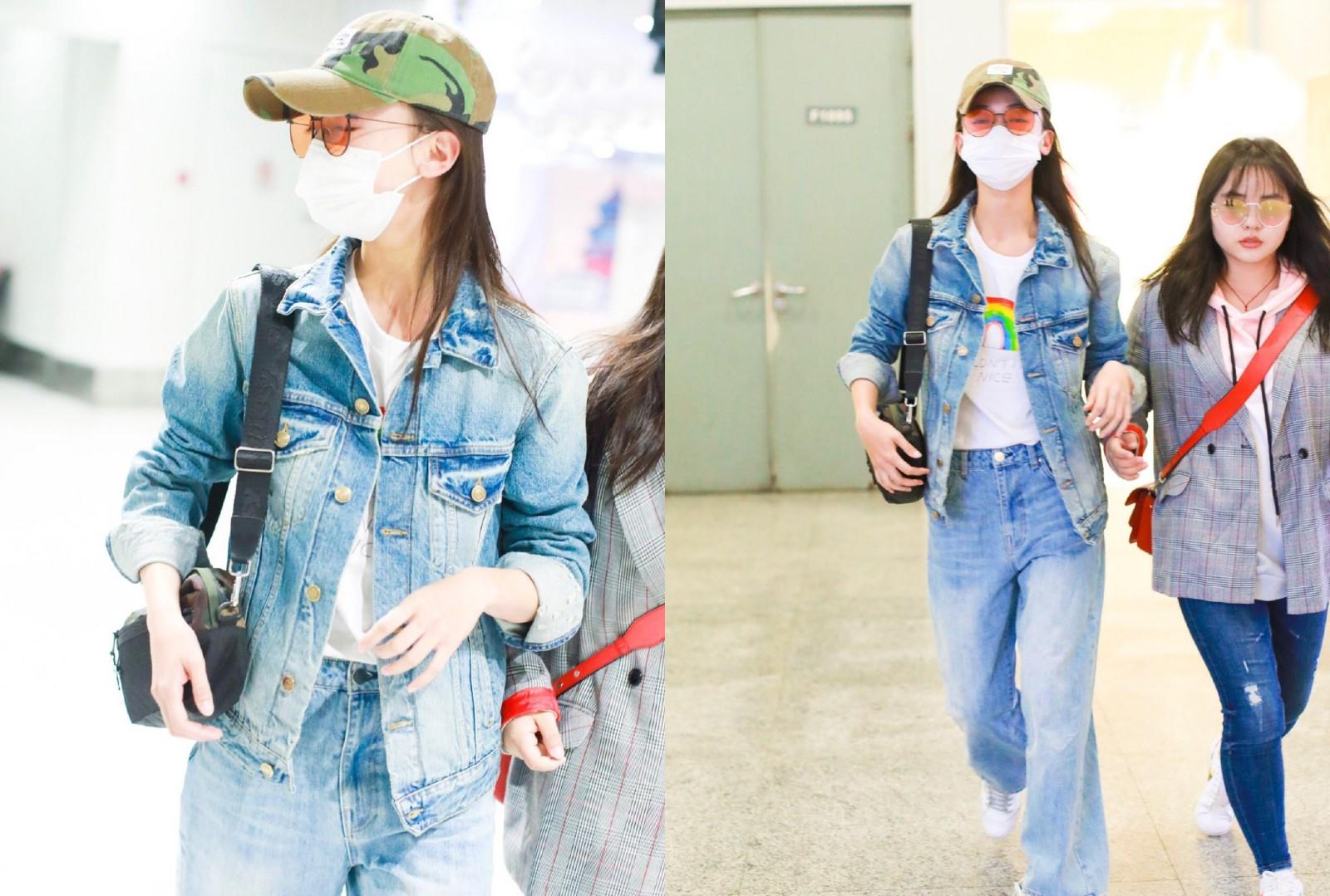 历史 吴谨言牛仔衫配直筒裤，内搭“彩虹衣”俏皮可爱，一点不像29岁