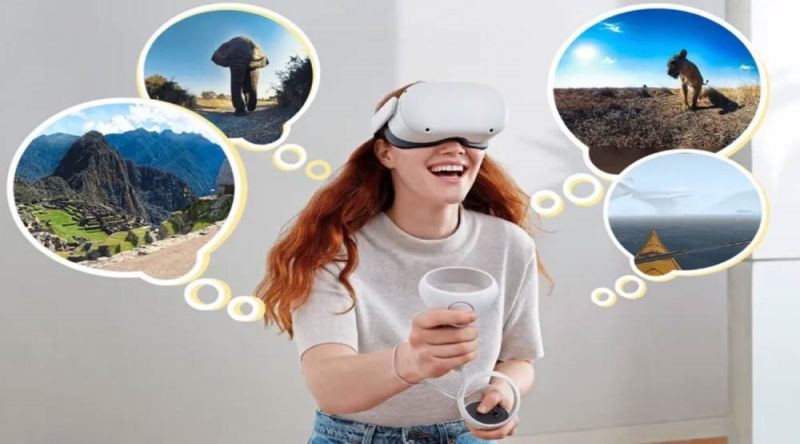 图片展示一位女士戴着虚拟现实头盔，正体验不同场景，包括自然风光和沙漠探险，表情愉悦，似乎沉浸在虚拟世界中。