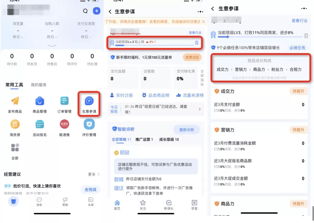 同年9月推出"店铺层级诊断"工具,2022年1月,千牛app的生意参谋首页