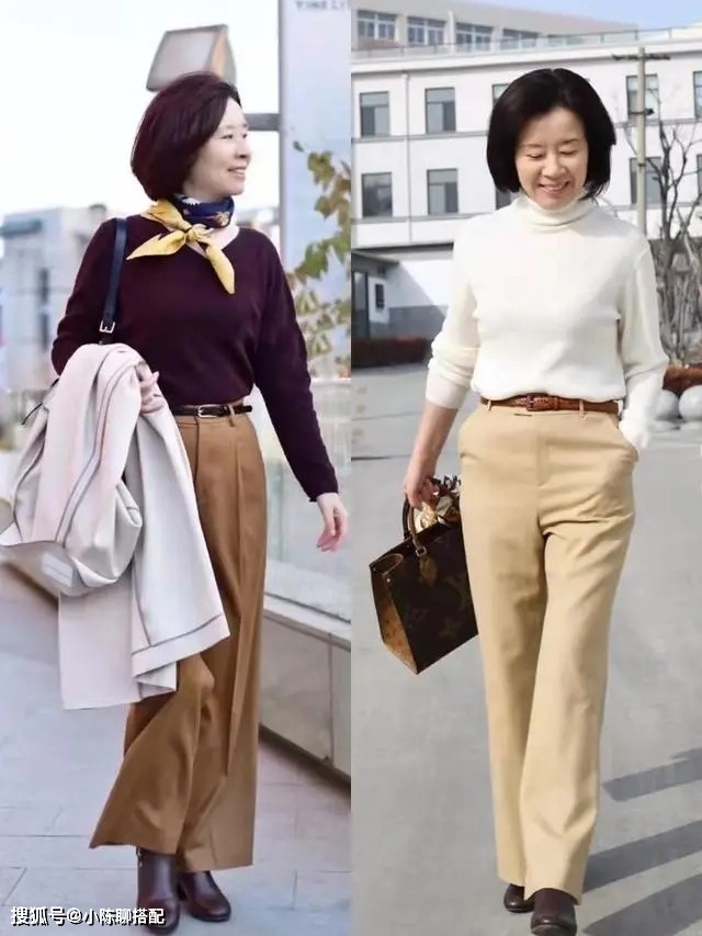 层次 贵气有质感的“卡其神裤”，优雅女人这样穿，比小白裤更高级