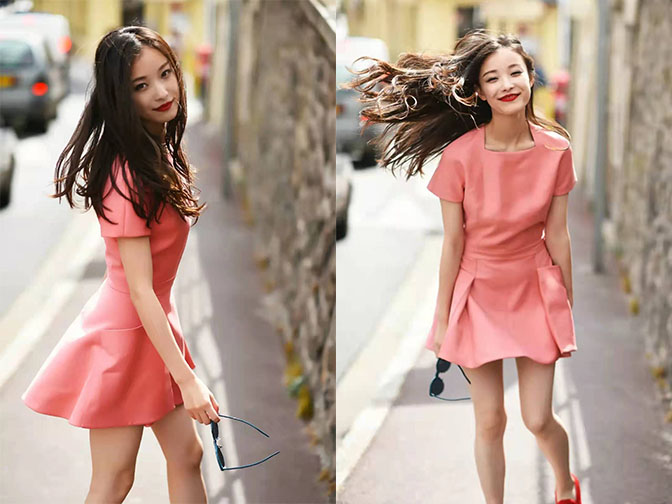 倪妮度假照曝光穿方领短裙站在街头拍照活力四射少女感十足