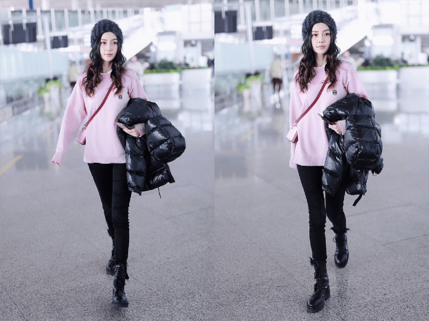 显得 Baby还是这么古灵精怪，当妈了穿粉色也不违和，不梳刘海好俏皮