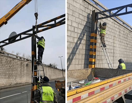 3月7日,哈龙桥松江北路桥梁限高架被撞坏,我们抢修队伍及时来到现场