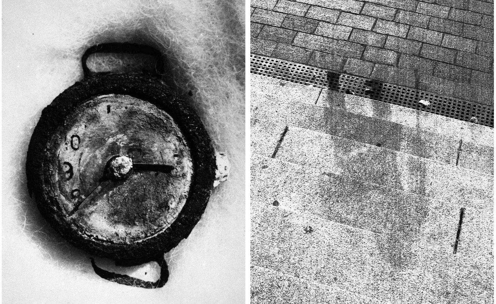 右边照片为广岛一家银行台阶上留下的人影,人已经在爆炸中直接气化