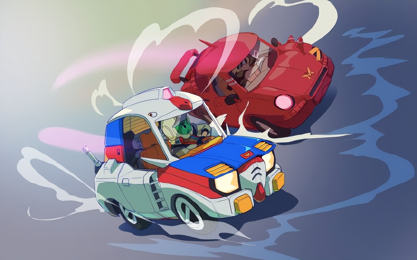 插画中阿姆罗与夏亚变成了同台竞速的赛车手,阿姆罗驾驶的是元祖高达