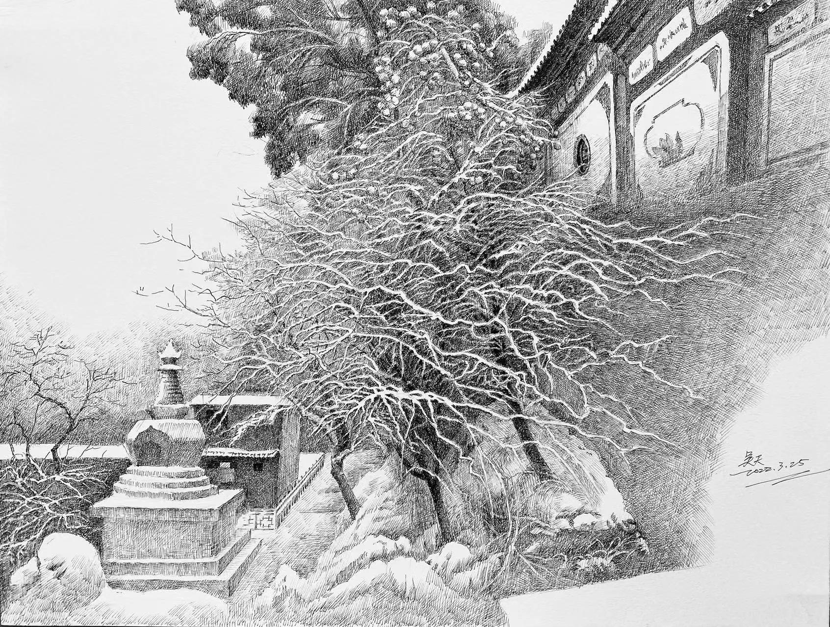 吴天先生的钢笔画系列作品《江南雪韵》_大雪_国寺_黄岗
