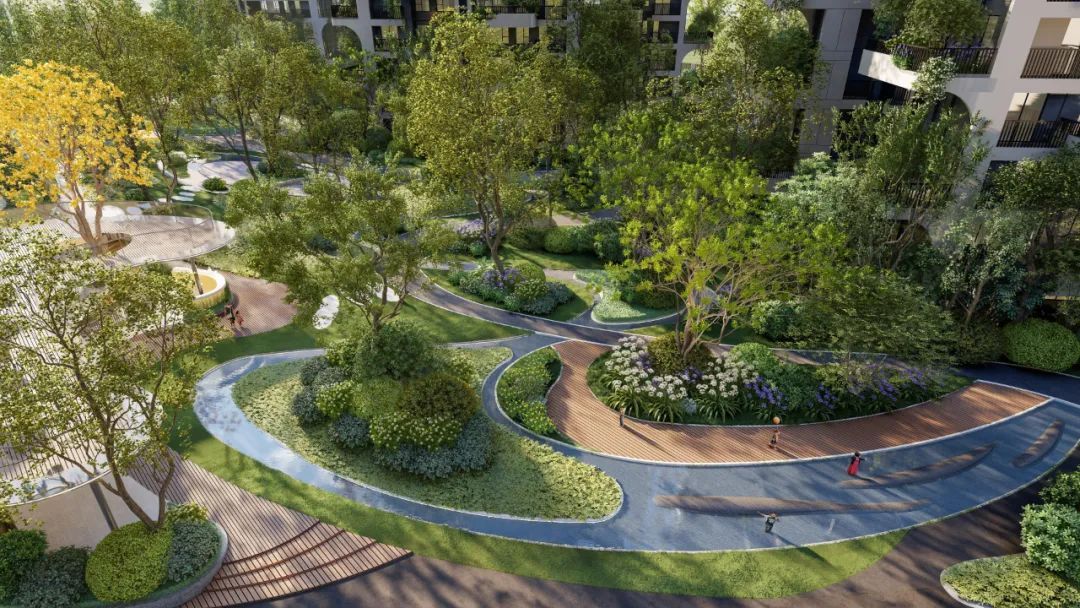 社区内约3万平米的绿化景观,高低错落的植物组团围,丰盛浓密的绿叶