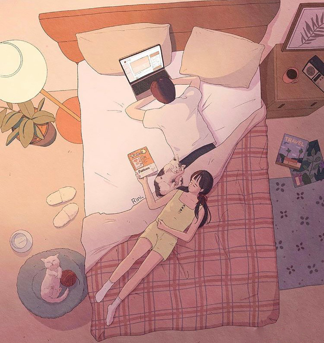 原创平淡生活的人物插画暖色系的色彩让画面充满温馨感