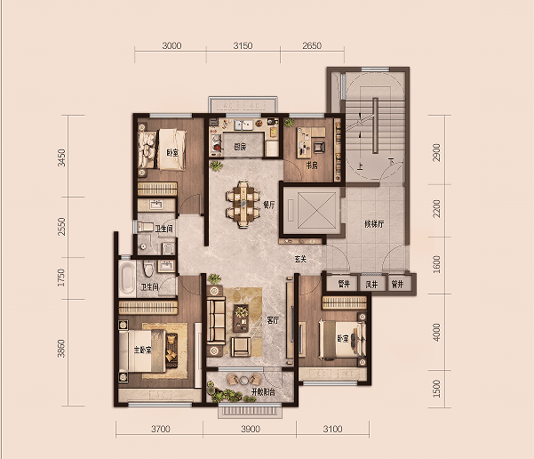 建面约128㎡四室户型推荐名士华府一期住宅准现房年底即交付