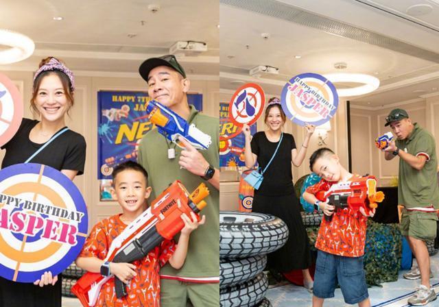 应采儿还拿着印有祝福jasper生日快乐字样的牌子,陈小春和jasper分别