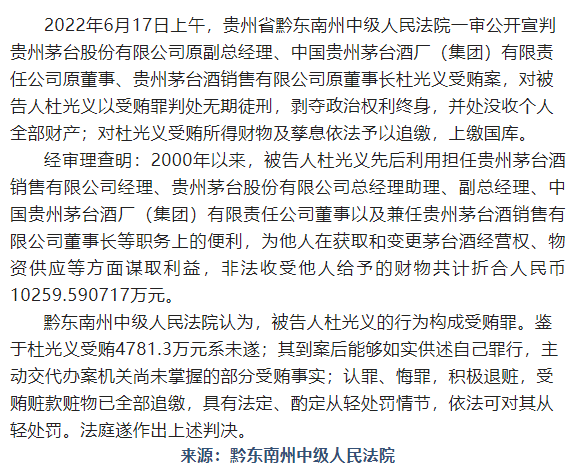 受贿超1亿贵州茅台公司原副总经理杜光义一审被判无期